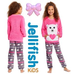 Two Peice Set Pajamas PJs Furry Fleece Girl Polar Bear Pink Grey Girls M 7 8 ECU